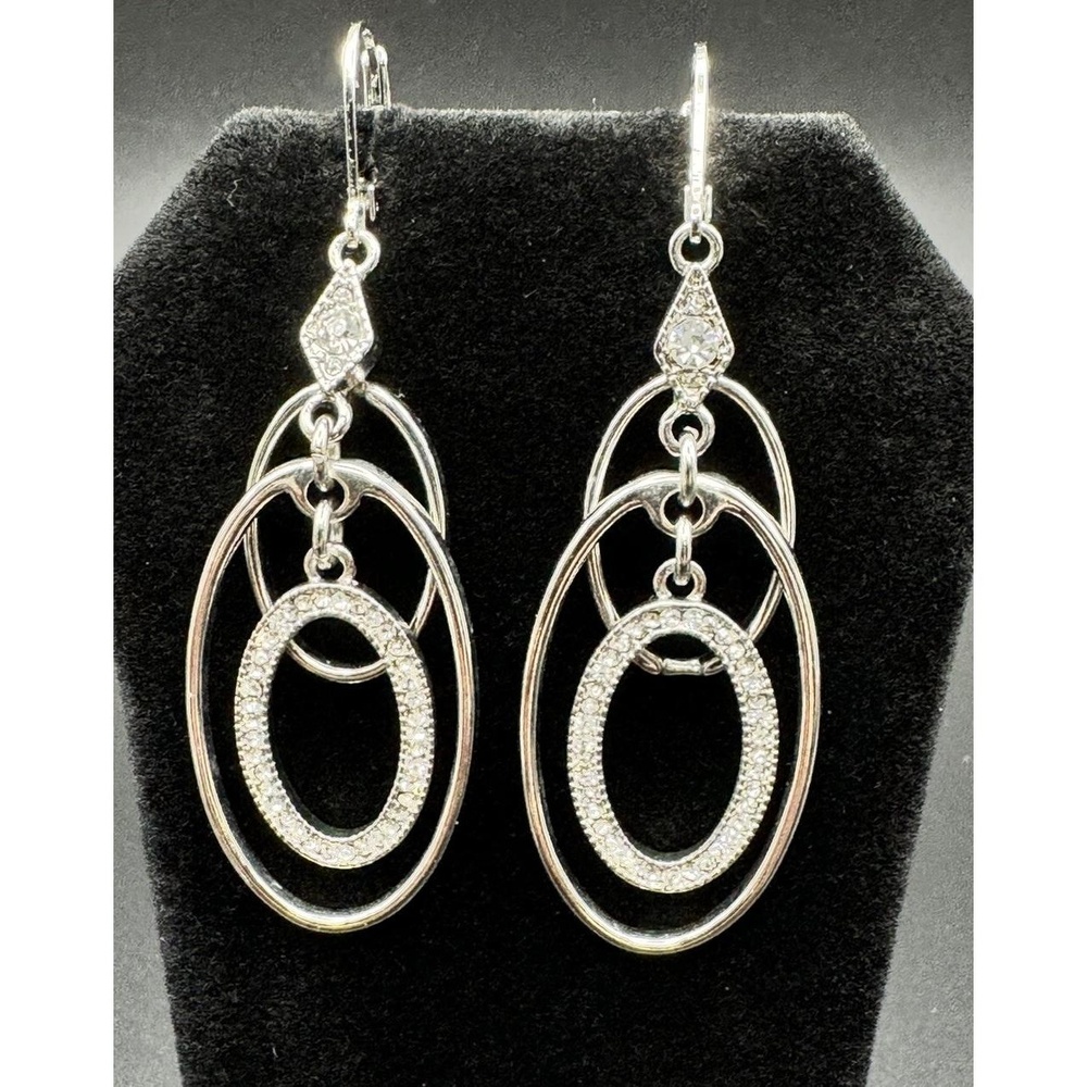 Silver Tone Rhinestone Costume Jewelry Oval Dangle Drop Lever Back Earrings